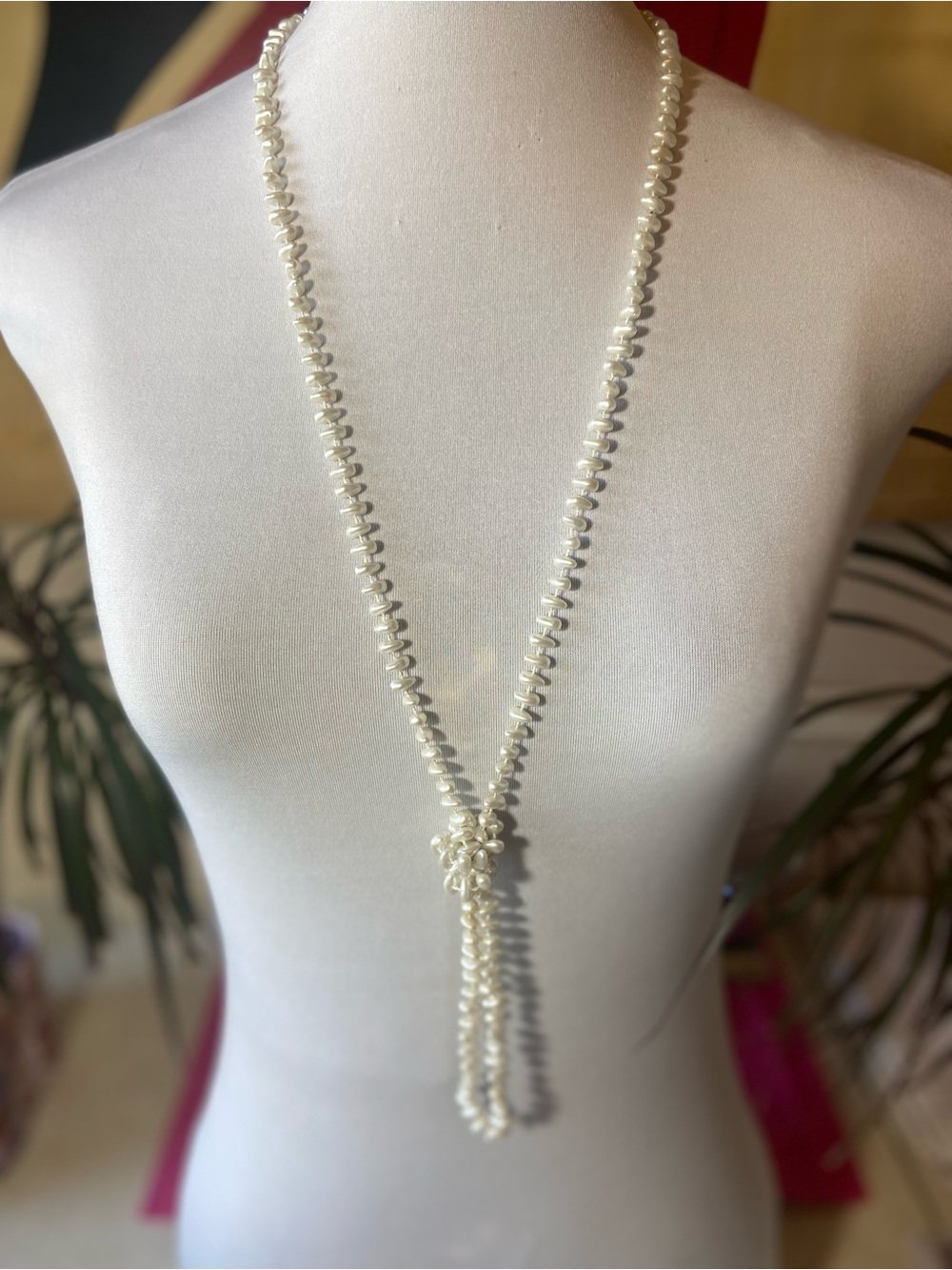 Vintage 80’s Long White Freshwater Pearl Lariat Necklace with Tassel